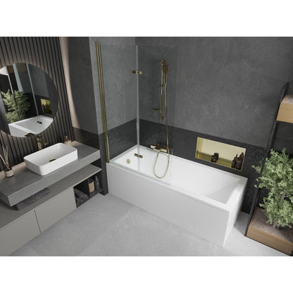 Rektangulært badekar Mexen Cubik 170 x 70 cm med frontpanel og 2-fløjet brusevæg 100 cm transparent med guldfinish, 1 sæt