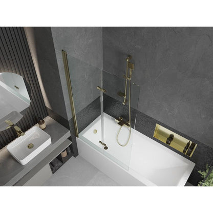 Rektangulært badekar Mexen Cubik 170 x 70 cm med frontpanel og 2-fløjet brusevæg 100 cm transparent med guldfinish, 1 sæt