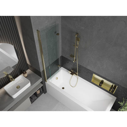 Rektangulært badekar Mexen Cubik 170 x 70 cm med frontpanel og 2-fløjet brusevæg 100 cm transparent med guldfinish, 1 sæt