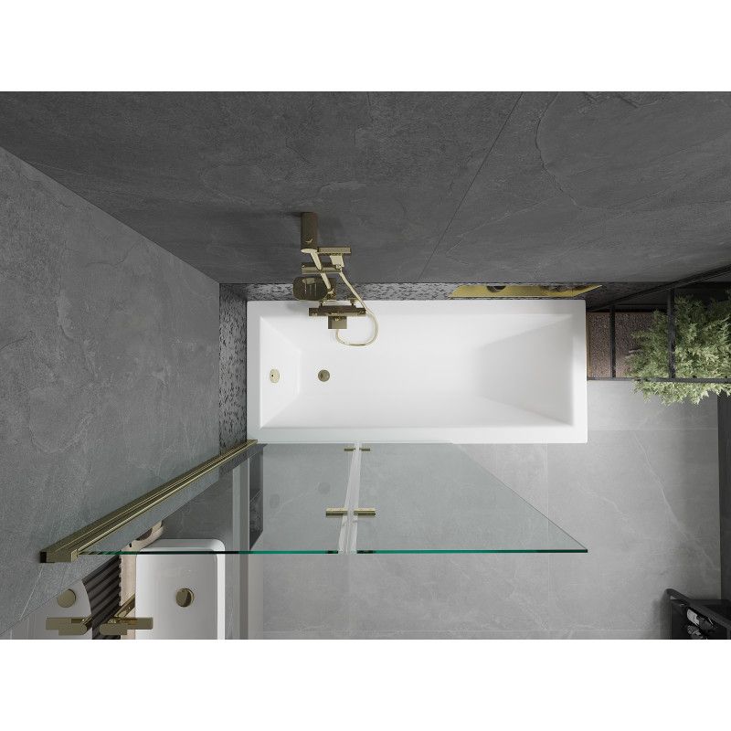 Rektangulært badekar Mexen Cubik 170 x 70 cm med frontpanel og 2-fløjet brusevæg 100 cm transparent med guldfinish, 1 sæt