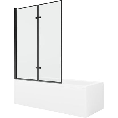 Rektangulært badekar Mexen Cubik 170 x 70 cm med frontpanel og 2-fløjet sort mønstret brusevæg 120 cm komplet sæt