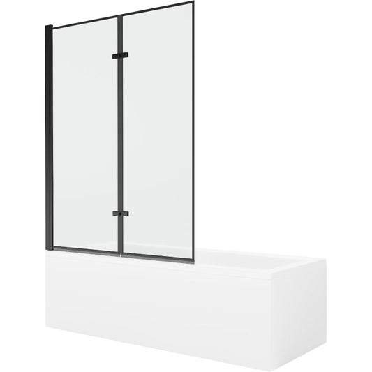 Rektangulært badekar Mexen Cubik 170 x 70 cm med frontpanel og 2-fløjet sort mønstret brusevæg 120 cm komplet sæt
