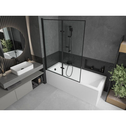 Rektangulært badekar Mexen Cubik 170 x 70 cm med frontpanel og 2-fløjet sort mønstret brusevæg 120 cm komplet sæt