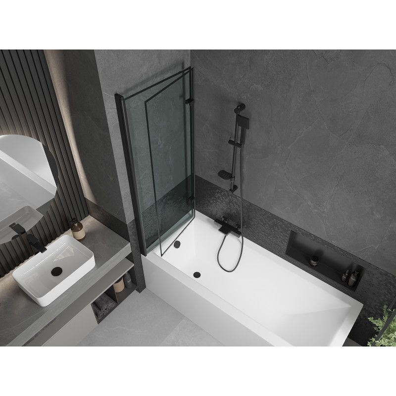 Rektangulært badekar Mexen Cubik 170 x 70 cm med frontpanel og 2-fløjet sort mønstret brusevæg 120 cm komplet sæt