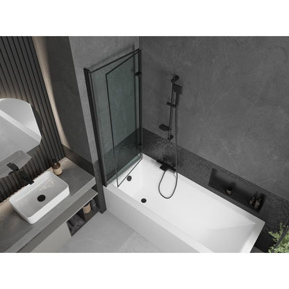 Rektangulært badekar Mexen Cubik 170 x 70 cm med frontpanel og 2-fløjet sort mønstret brusevæg 120 cm komplet sæt