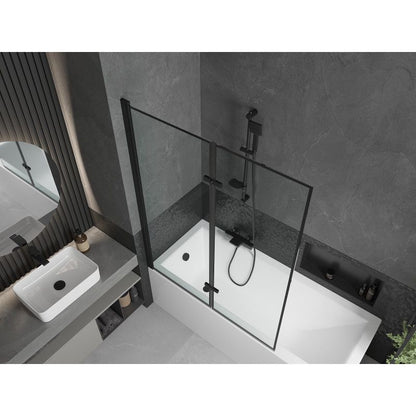 Rektangulært badekar Mexen Cubik 170 x 70 cm med frontpanel og 2-fløjet sort mønstret brusevæg 120 cm komplet sæt