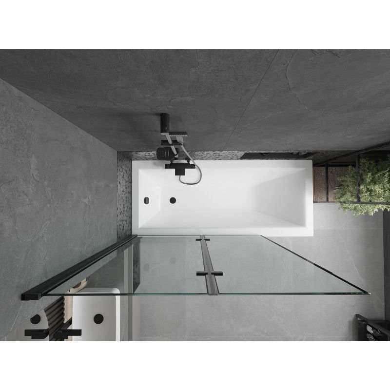 Rektangulært badekar Mexen Cubik 170 x 70 cm med frontpanel og 2-fløjet sort mønstret brusevæg 120 cm komplet sæt