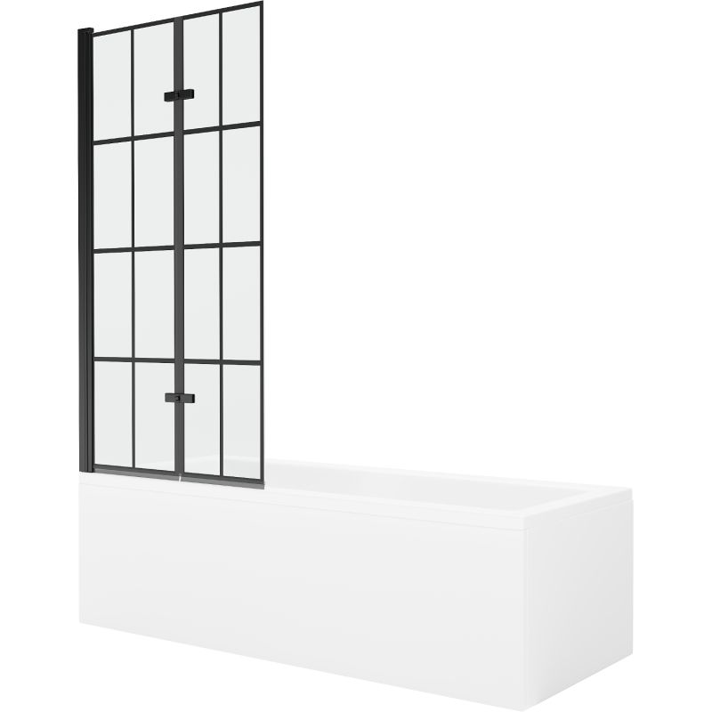 Rektangulært badekar Mexen Cubik 170 x 70 cm med front- og sidepanel samt 2-fløjet brusevæg 80 cm med sort mønster, komplet sæt