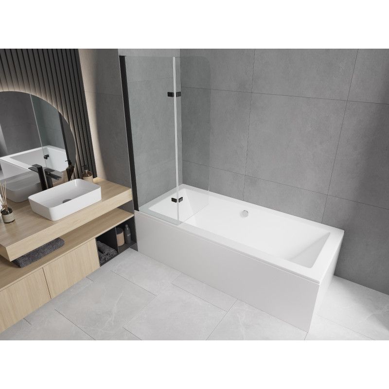 Rektangulært badekar Mexen Cubik 170 x 70 cm med frontpanel og 2-fløjet brusevæg 80 cm transparent sort 1 sæt