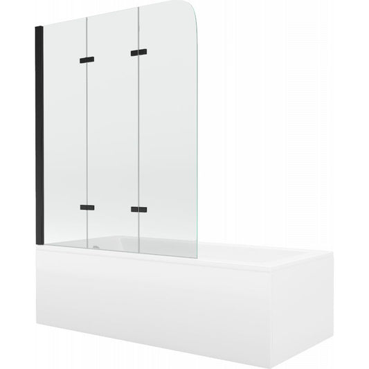 Rektangulært badekar Mexen Cubik 170 x 70 cm med front- og sidepanel samt 3-fløjet brusevæg 120 cm i transparent sort, 1 sæt