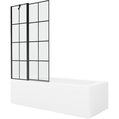 Rektangulært badekar Mexen Vega 150 x 70 cm med front- og sidepanel samt 1-fløjet brusevæg 100 cm med mat-sort mønster, 1 sæt