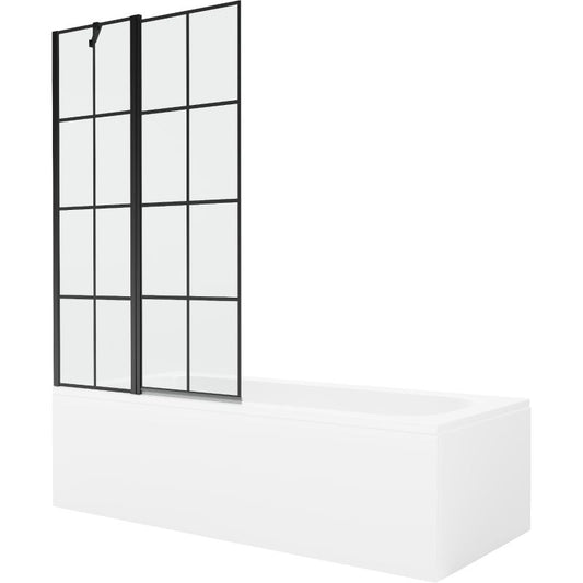 Rektangulært badekar Mexen Vega 150 x 70 cm med front- og sidepanel samt 1-fløjet brusevæg 100 cm med mat-sort mønster, 1 sæt