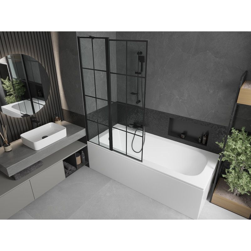 Rektangulært badekar Mexen Vega 150 x 70 cm med front- og sidepanel samt 1-fløjet brusevæg 100 cm med mat-sort mønster, 1 sæt
