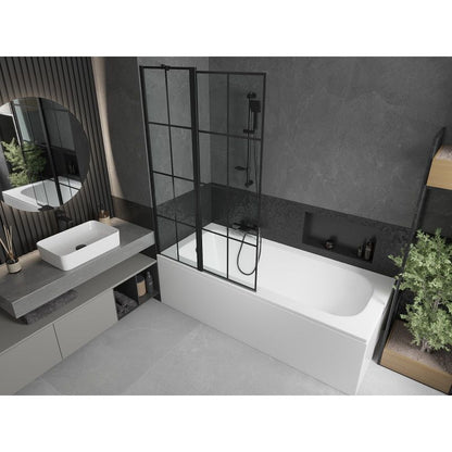 Rektangulært badekar Mexen Vega 150 x 70 cm med front- og sidepanel samt 1-fløjet brusevæg 100 cm med mat-sort mønster, 1 sæt