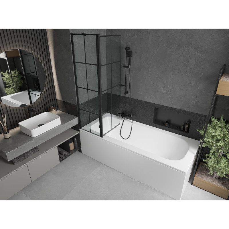 Rektangulært badekar Mexen Vega 150 x 70 cm med front- og sidepanel samt 1-fløjet brusevæg 100 cm med mat-sort mønster, 1 sæt