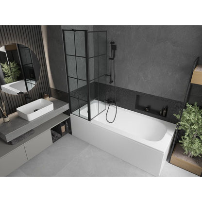 Rektangulært badekar Mexen Vega 150 x 70 cm med front- og sidepanel samt 1-fløjet brusevæg 100 cm med mat-sort mønster, 1 sæt