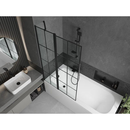 Rektangulært badekar Mexen Vega 150 x 70 cm med front- og sidepanel samt 1-fløjet brusevæg 100 cm med mat-sort mønster, 1 sæt