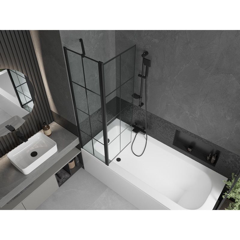 Rektangulært badekar Mexen Vega 150 x 70 cm med front- og sidepanel samt 1-fløjet brusevæg 100 cm med mat-sort mønster, 1 sæt