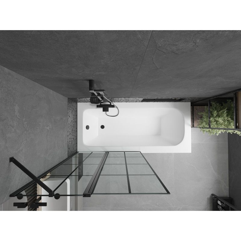 Rektangulært badekar Mexen Vega 150 x 70 cm med front- og sidepanel samt 1-fløjet brusevæg 100 cm med mat-sort mønster, 1 sæt
