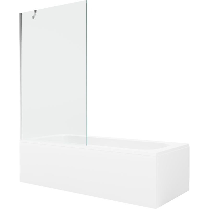 Rektangulært badekar Mexen Vega 150 x 70 cm med front- og sidebeklædning samt 1-fløjet brusevæg 100 cm i transparent krom, 1 sæt
