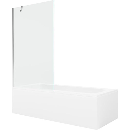 Rektangulært badekar Mexen Vega 150 x 70 cm med front- og sidebeklædning samt 1-fløjet brusevæg 100 cm i transparent krom, 1 sæt