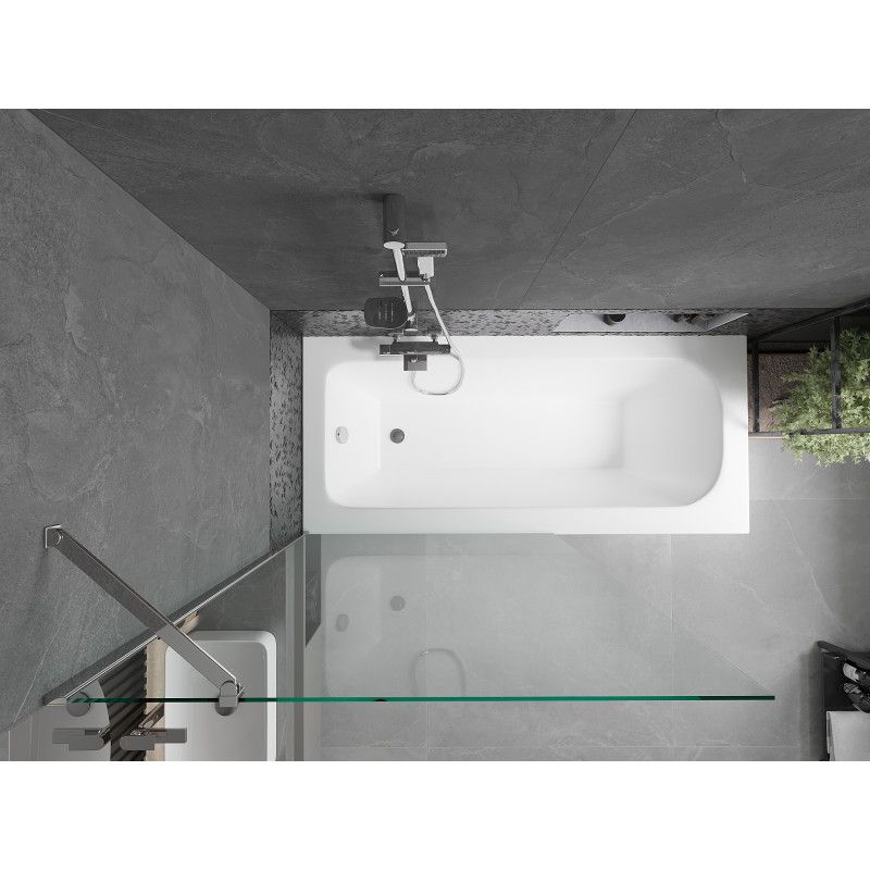 Rektangulært badekar Mexen Vega 150 x 70 cm med front- og sidebeklædning samt 1-fløjet brusevæg 100 cm i transparent krom, 1 sæt