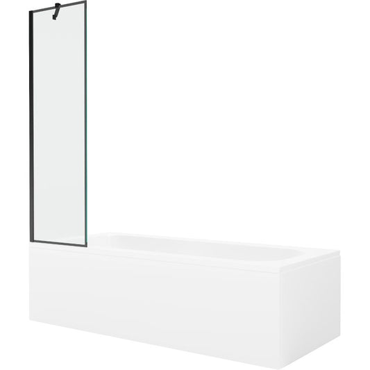 Rektangulært badekar Mexen Vega 150 x 70 cm med front- og sidepanel samt 1-fløjet brusevæg 50 cm i mat-sort design, komplet sæt