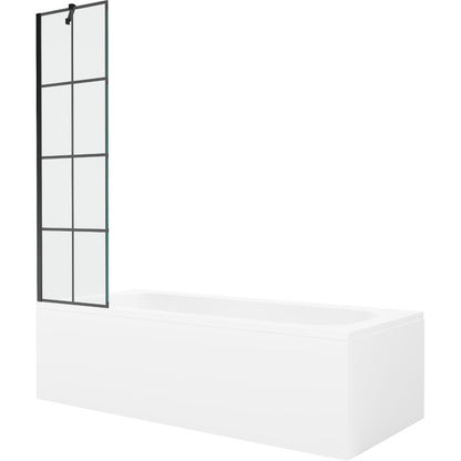 Rektangulært badekar Mexen Vega 150 x 70 cm med front- og sidepanel samt 1-fløjet brusevæg 50 cm i sort mønster, 1 sæt