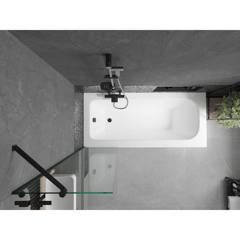 Rektangulært badekar Mexen Vega 150 x 70 cm med front- og sidebeklædning samt 1-fløjet brusevæg 50 cm i transparent sort, 1 sæt