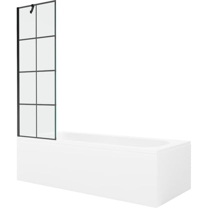 Rektangulært badekar Mexen Vega 150 x 70 cm med front- og sidepanel samt 1-fløjet brusevæg 60 cm med sort mønster, 1 sæt