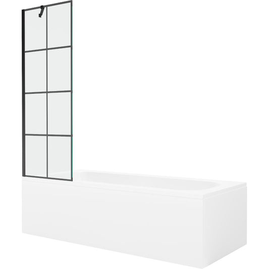 Rektangulært badekar Mexen Vega 150 x 70 cm med front- og sidepanel samt 1-fløjet brusevæg 60 cm med sort mønster, 1 sæt
