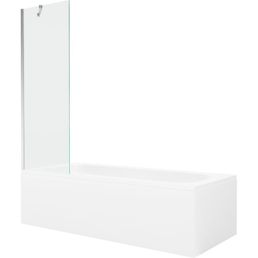Rektangulært badekar Mexen Vega 150 x 70 cm med frontpanel og 1-fløjet brusevæg 60 cm i transparent krom, 1 sæt