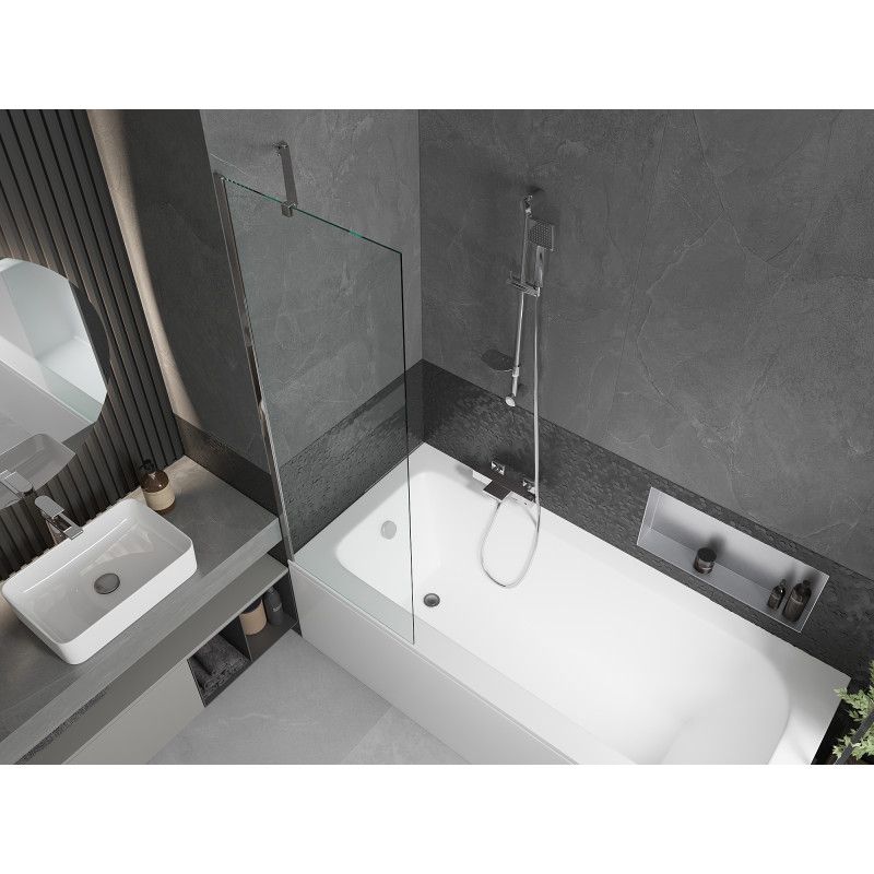 Rektangulært badekar Mexen Vega 150 x 70 cm med frontpanel og 1-fløjet brusevæg 60 cm i transparent krom, 1 sæt