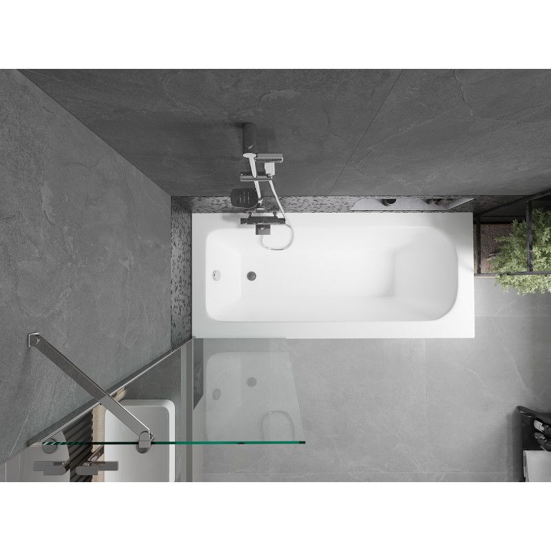 Rektangulært badekar Mexen Vega 150 x 70 cm med frontpanel og 1-fløjet brusevæg 60 cm i transparent krom, 1 sæt