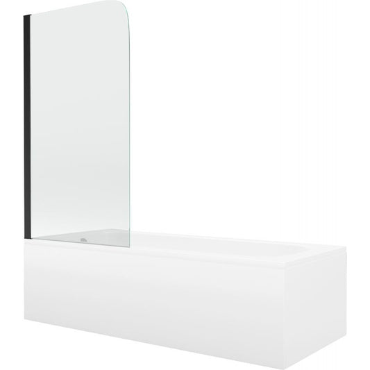 Rektangulært badekar Mexen Vega 150 x 70 cm med front- og sidepanel samt 1-fløjet brusevæg 70 cm i transparent sort, 1 sæt