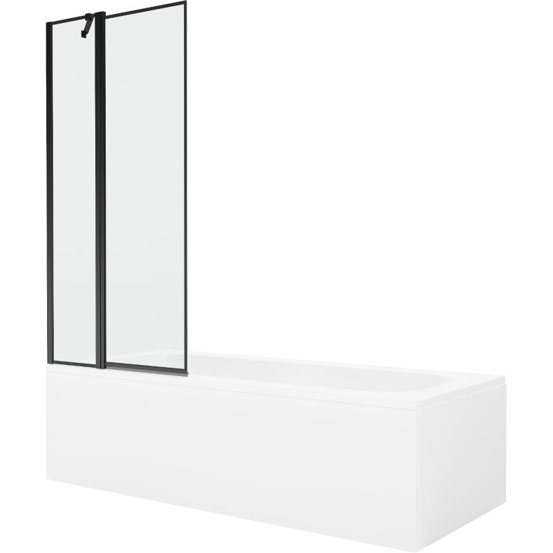 Rektangulært badekar Mexen Vega 150 x 70 cm med front- og sidepanel samt 1-fløjet brusevæg 80 cm med mat-sort mønster, 1 sæt