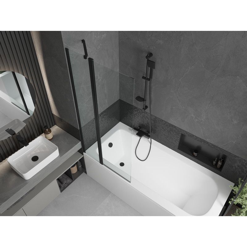Rektangulært badekar Mexen Vega 150 x 70 cm med frontpanel og 1-fløjet brusevæg 80 cm i transparent sort, 1 sæt