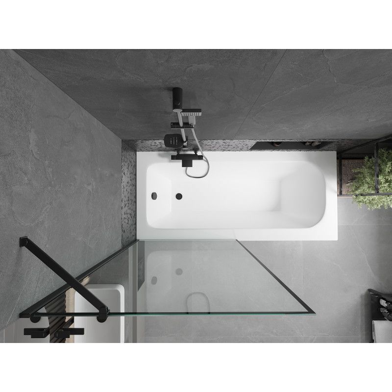 Rektangulært badekar Mexen Vega 150 x 70 cm med frontpanel og 1-fløjet brusevæg 90 cm i mat-sort mønster, 1 sæt