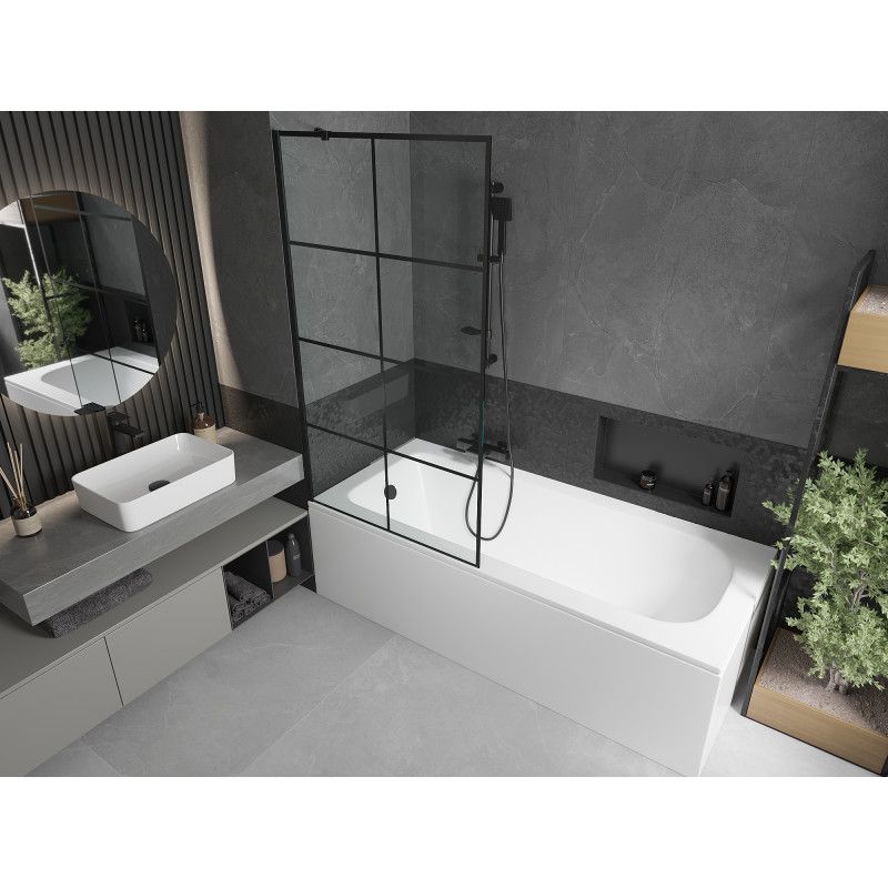Rektangulært badekar Mexen Vega 150 x 70 cm med front- og sidepanel samt 1-fløjet brusevæg 90 cm med sort mønster, 1 sæt