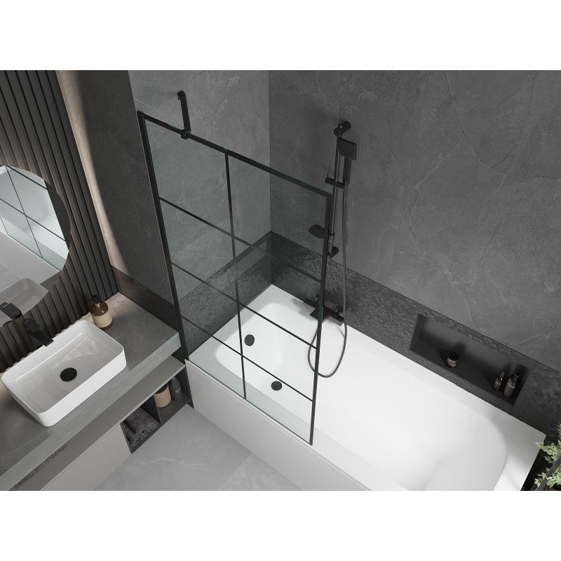 Rektangulært badekar Mexen Vega 150 x 70 cm med front- og sidepanel samt 1-fløjet brusevæg 90 cm med sort mønster, 1 sæt