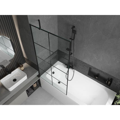 Rektangulært badekar Mexen Vega 150 x 70 cm med front- og sidepanel samt 1-fløjet brusevæg 90 cm med sort mønster, 1 sæt