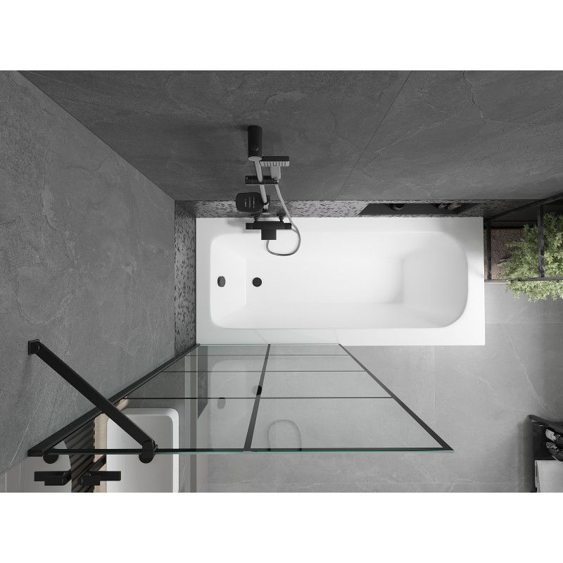 Rektangulært badekar Mexen Vega 150 x 70 cm med front- og sidepanel samt 1-fløjet brusevæg 90 cm med sort mønster, 1 sæt