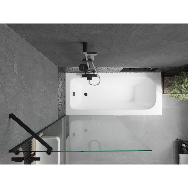 Rektangulært badekar Mexen Vega 150 x 70 cm med front- og sidebeklædning samt 1-fløjet brusevæg 90 cm i transparent sort