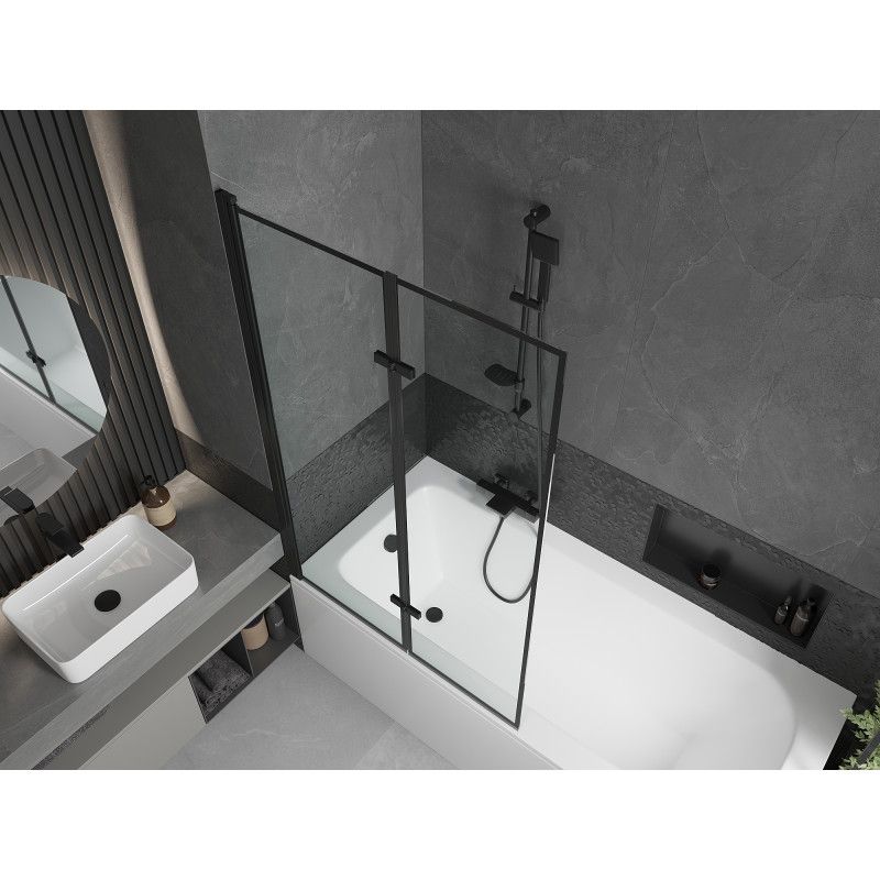Rektangulært badekar Mexen Vega 150 x 70 cm med front- og sidepanel samt 2-fløjet brusevæg 100 cm i sort mønster, 1 sæt