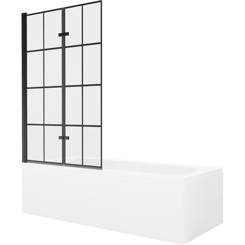Rektangulært badekar Mexen Vega 150 x 70 cm med front- og sidepanel samt 2-fløjet brusevæg 100 cm i sort mønster, komplet sæt