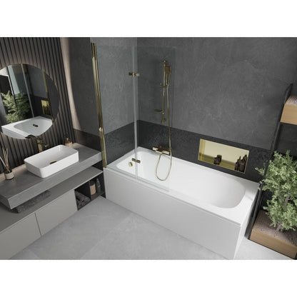 Rektangulært badekar Mexen Vega 150 x 70 cm med frontpanel og 2-fløjet brusevæg 100 cm transparent med guldfinish, 1 sæt