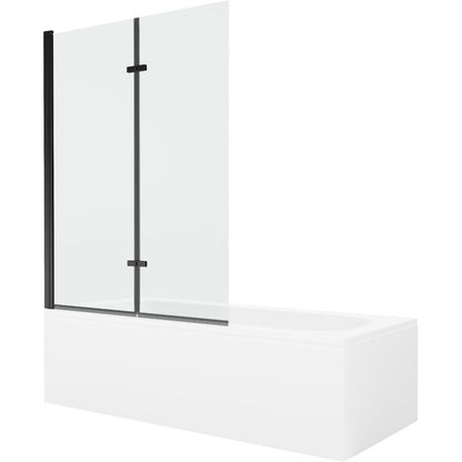 Rektangulært badekar Mexen Vega 150 x 70 cm med front- og sidebeklædning samt 2-fløjet brusevæg 120 cm i transparent sort, 1 sæt