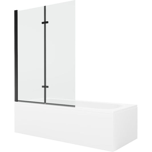 Rektangulært badekar Mexen Vega 150 x 70 cm med front- og sidebeklædning samt 2-fløjet brusevæg 120 cm i transparent sort, 1 sæt