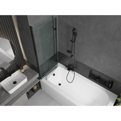 Rektangulært badekar Mexen Vega 150 x 70 cm med front- og sidebeklædning samt 2-fløjet brusevæg 120 cm i transparent sort, 1 sæt