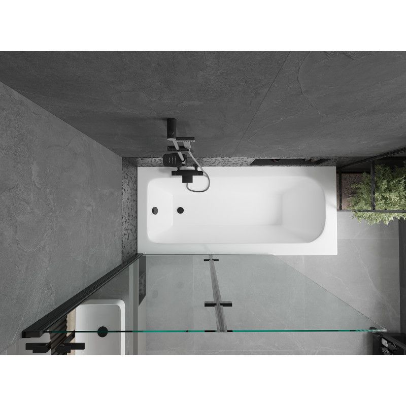 Rektangulært badekar Mexen Vega 150 x 70 cm med front- og sidebeklædning samt 2-fløjet brusevæg 120 cm i transparent sort, 1 sæt